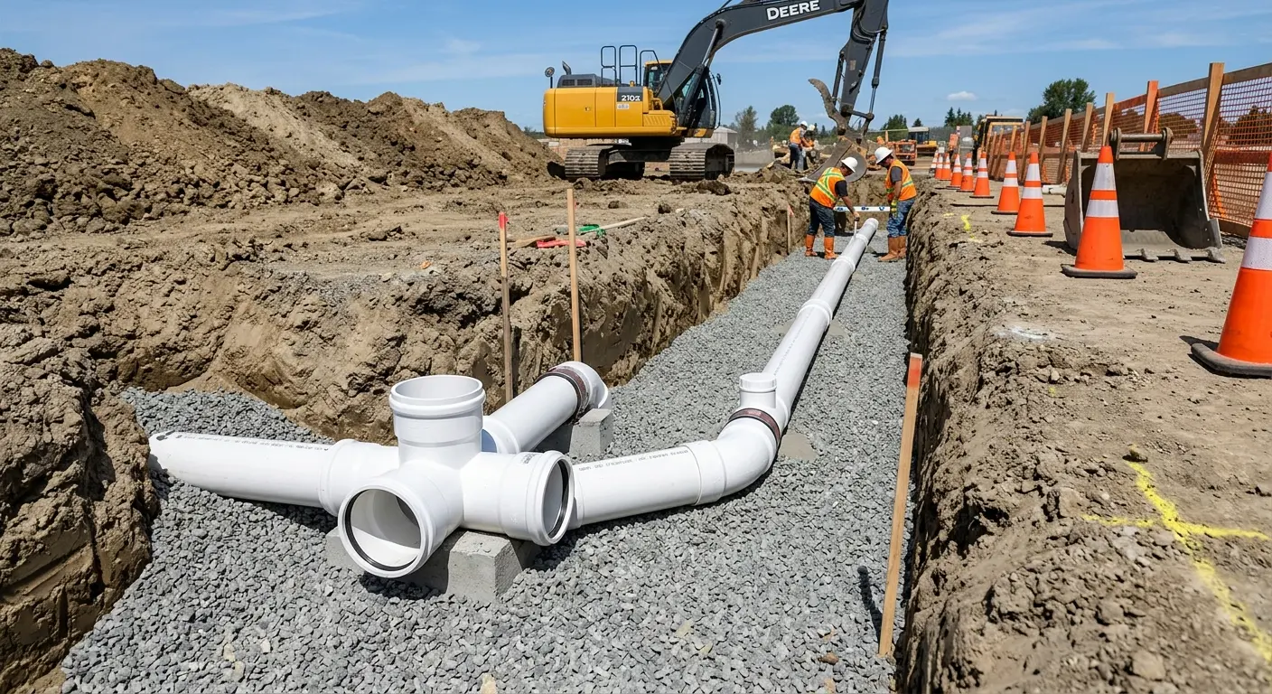 New PVC sewer pipe installation in open trench for Commercial Drain Cleaning in Derry