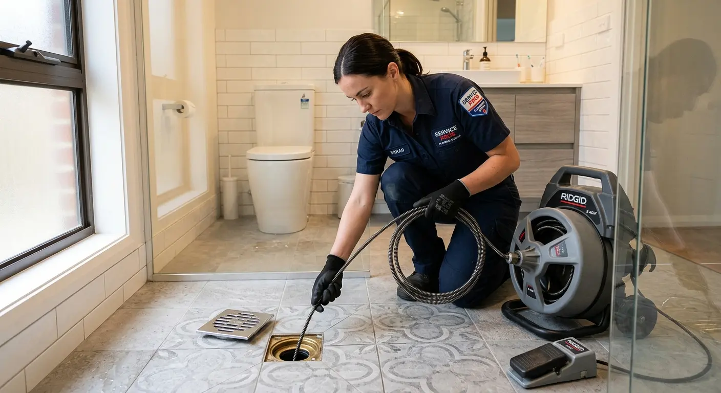 Technician clearing a bathroom floor drain for Clogged Drain Repair in Derry